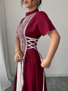 Rafferiza Women's Elegant Patchwork Floral Belted Waist Cinch Midi Dress - Burgundy - View 1