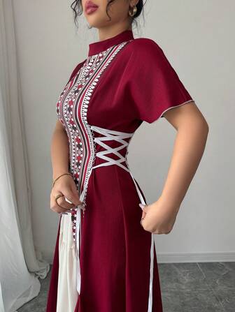 Rafferiza 女士优雅拼布花卉束腰中长连衣裙