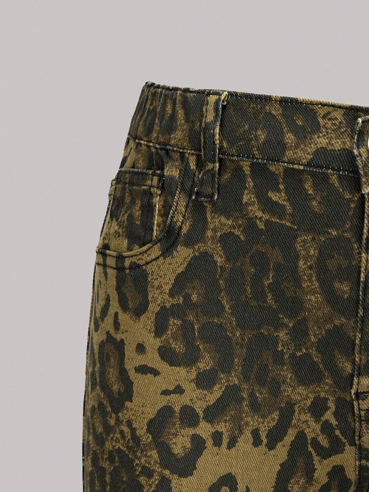 青少年女孩时尚豹纹水洗牛仔宽松喇叭牛仔裤，松紧腰带和拉链开合，时尚舒适 - 黑色 - 查看 6