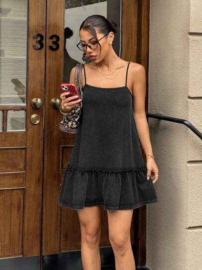 SHEIN EZwear Women's Summer Western Style Distressed Loose Mini Suspender Dress For Music Festivals