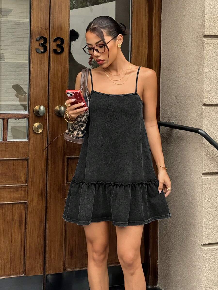 SHEIN EZwear 女士夏季荷叶边下摆细肩带连衣裙 - 黑色 - 查看 1