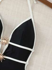 Swim Chiccia 女式优雅细肩带露背撞色边连体泳衣 - 黑與白 - 查看 7