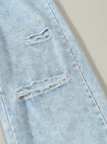 2pcs Girls Fashionable White Ribbed Cropped Tank Top & Ripped Denim Long Pants Set - Multicolor - View 8