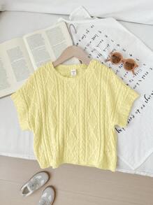 SHEIN Tween Girls' Oversized Casual Crewneck Pullover Textured Fabric Short Sleeve Cropped T-Shirt - Yellow - View 3