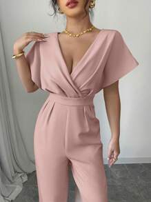 Selianne 女式收腰褶皱休闲连体裤，简约时尚，纯色，夏季 - 粉色 - 查看 4