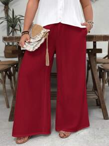 SHEIN VCAY Plus Size White Textured Loose Casual Wide Leg Pants With Pockets, Vacation/Resort Wear, Valentine's Day - Burgundy - View 5