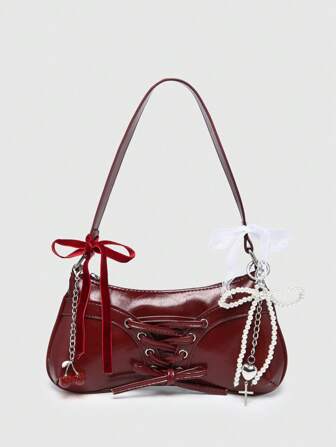 Kawaii Borsa baguette vintage con decoro a catena e fiocco, e decorazione in pizzo e perle finte per la spalla e l'incavo del braccio