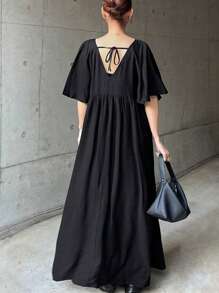 FRIFUL 女士黑色 A 字裙，优雅女士荷叶边袖休闲裙，夏季太阳裙 - 黑色 - 查看 1