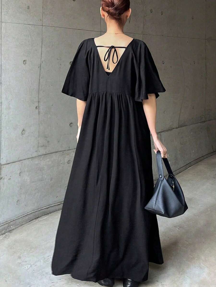 FRIFUL 女士黑色 A 字裙，优雅女士荷叶边袖休闲裙，夏季太阳裙 - 黑色 - 查看 1