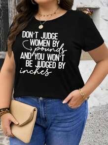 English Letter Printed Summer Scoop Neck Plus Size T-Shirt DON'T JUDGE WOMEN BY Pounds AND YOU WON'T BE JUDGED BY Inches Graphic Tees Women Tops - Black - View 4