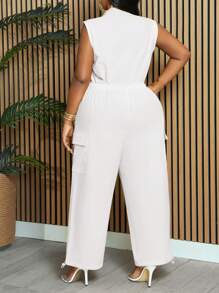 Slaydiva Plus Size Women's Elegant & Commute & Daily Solid Yellow Sleeveless Collar Open Front Drawstring Waist Jumpsuit With Pockets, Adjustable Ankle Hem, Spring/Summer - White - View 2