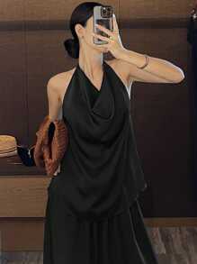 DAZY Women's Solid Color Fashionable Loose Draped Neck Top - Black - View 2