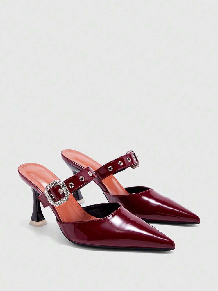 CUCCOO CURVES ワイドフィット ハイヒール 9cm オープントゥ ワインレッド ファッショナブル エレガント リベット装飾サンダル、仕事や夏のデイリーウェアに適しています