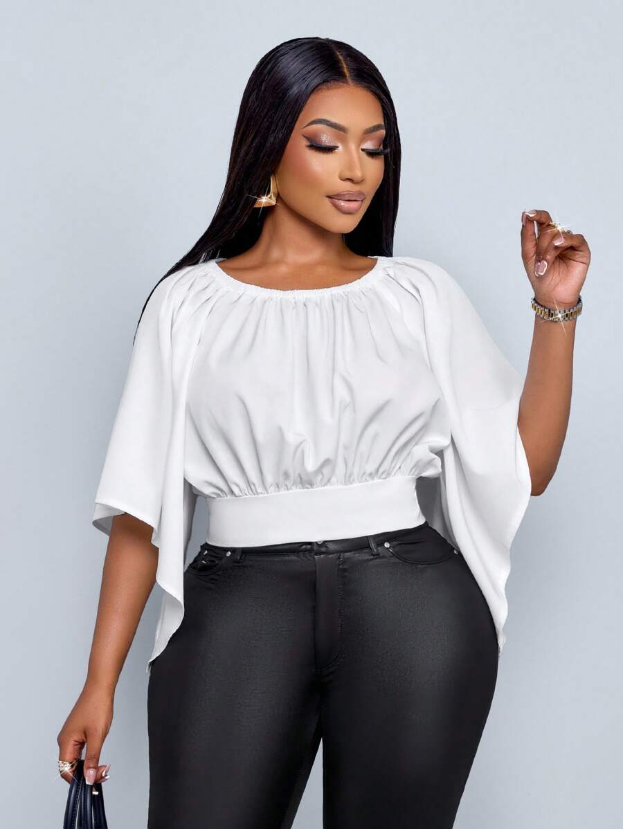 SOLERSUN 大码女式春夏纯色宽松后开衩系带短款度假衬衫、宽松上衣、度假上衣 - 白色 - 查看 1