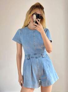 Forever 21 Women's Spring Casual Minimalist Denim Overalls A-Line Cargo Jumpsuit - Light Wash - View 1