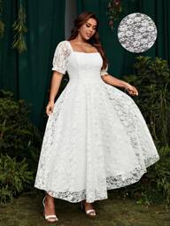 SHEIN Belle Plus Size White Lace Dress: Elegant Square Neck, Puff Sleeves, And A-Line Silhouette For Weddings And Special Occasions
