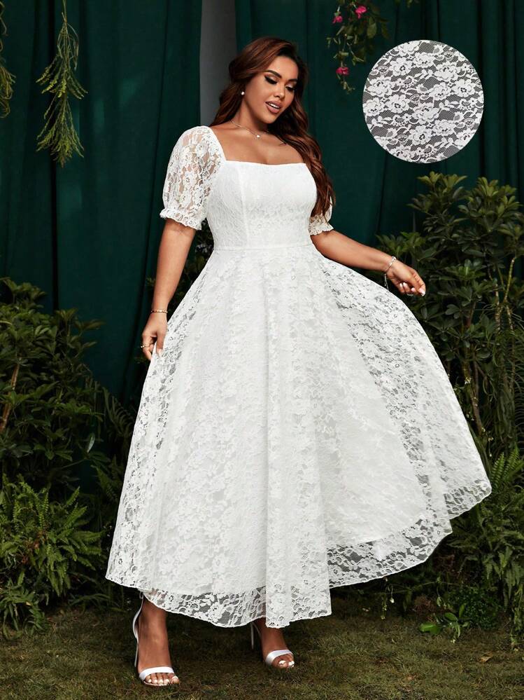 SHEIN Belle Vestido blanco de encaje con mangas cortas para boda/fiesta en tallas grandes para mujer - Blanco - Añade 1