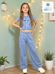 Denimly Tween 女童两件套：休闲露肩荷叶边衬衫和松紧腰阔腿柔软牛仔裤 - 淺色水洗藍 - 查看 8