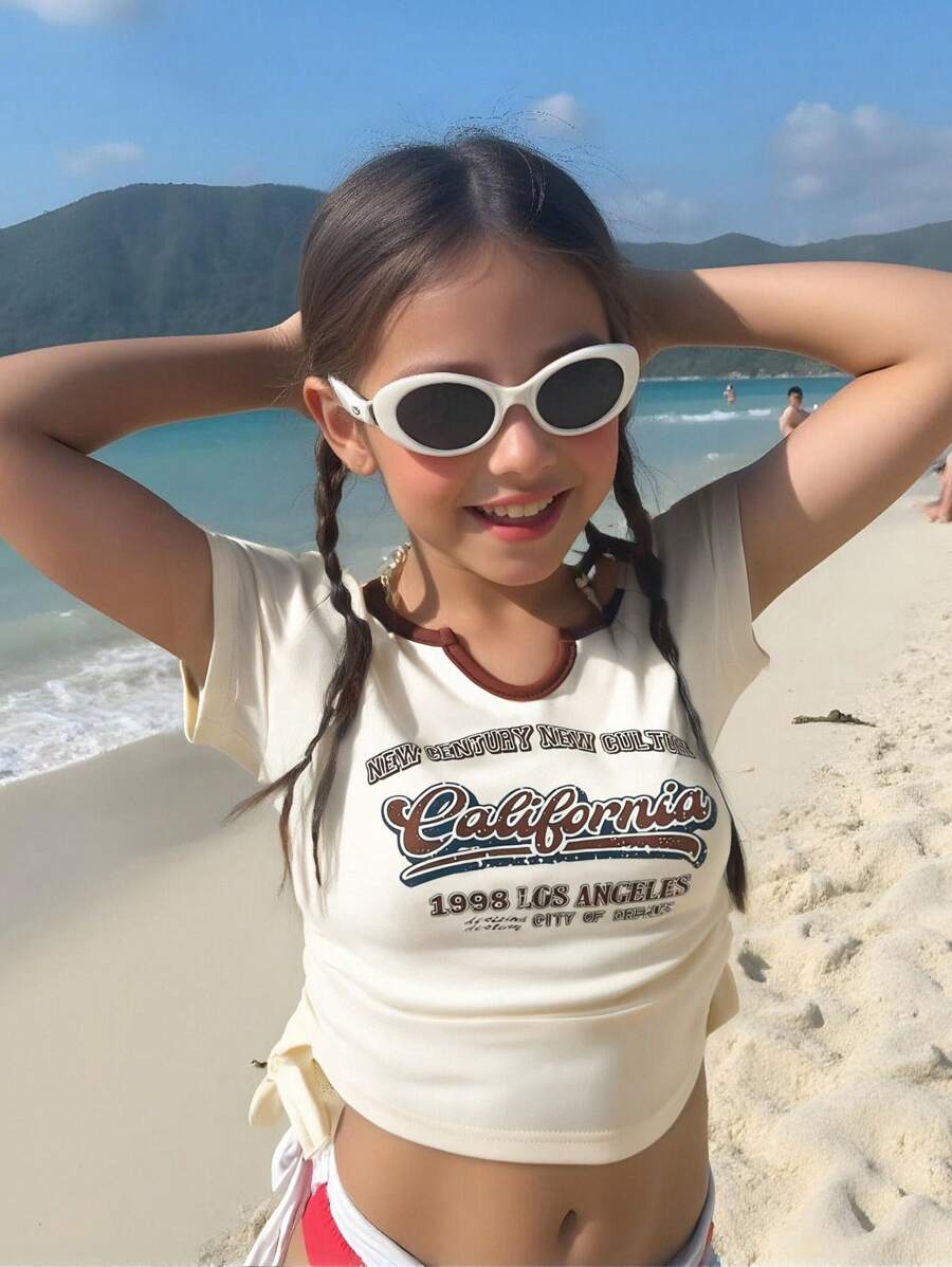 Young Girl Letter Print V-Neck Short Sleeve Casual T-Shirt