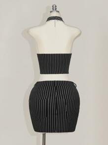 SHEIN ICON Plus Size Striped Halter Neck Backless V-Neck Top And Striped Bodycon Skirt 2 Pieces Set - Black and White - View 2