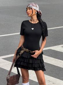 SHEIN EZwear Music Festival Women Outfits  Women's Black Crew Neck Short Sleeve Layered Ruffle Hem Fashionable Mini Dress - Black - View 5