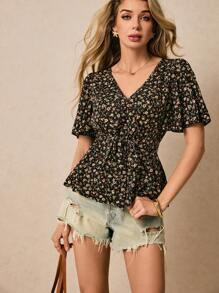 Poéselle Women's V-Neck Floral Print Summer Casual Short Sleeve Shirt