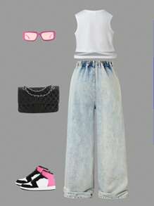 2pcs Girls Fashionable White Ribbed Cropped Tank Top & Ripped Denim Long Pants Set - Multicolor - View 2