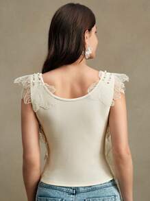 Anewsta ملابس علوية أو تي شيرت نسائي مطرز براق وعصري للربيع والصيف - أبيض - مشاهدة 2