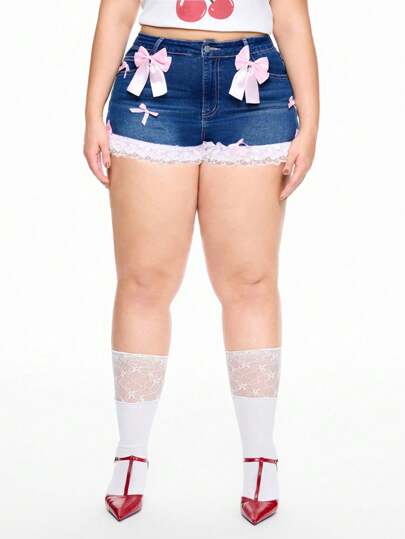Kawaii Short en jean nœud papillon kawaii, grande taille
