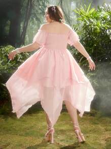 Flirla 女装新款夏季露肩短款泡泡袖修身腰不对称下摆连衣裙，简约休闲优雅高端杏色度假连衣裙 - 粉色 - 查看 2