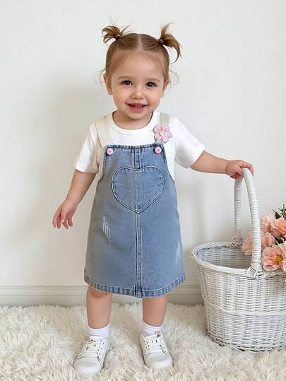 女宝宝休闲可爱舒适度假时尚街头修身牛仔背带裤，轻盈夏季