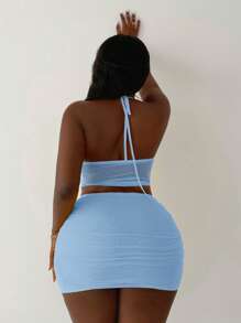 Slaydiva 2pcs/Set Sexy Vacation Spaghetti Strap Camisole Top & High Waisted Ruched Short Mini Skirt Set - Blue - View 2