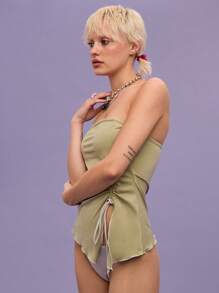 COUREZ Asymmetric Bandeau Top With Bikini Set Bottoms Vacation Outfits Beachwear 2 Pieces Set For Summer/Y2K/Casual Vintage - Green - View 7