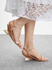 CUCCOO BIZCHIC Apricot Patent Leather Wedge Platform Open Toe Slide Sandals With Strap Design - Apricot - View 1