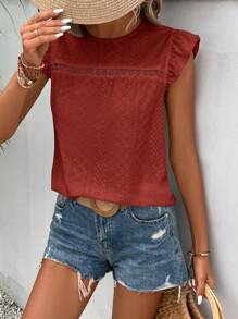 SHEIN Frenchy Eyelet Embroidery Ruffle Trim Round Neck Lace Trimmed Tee Christmas Summer New Year Red Casual Valentine's Day - Red - View 6