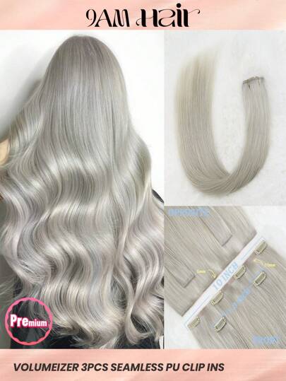 Volumizer 55g 3pcs Silver Gray Color 100% HQ Cuticle Aligne Remy Human Hair Seamless PU Clip Ins Extensions For Party Hair Extensions Halloween Costumes