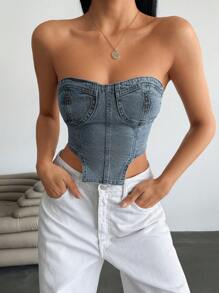 EURMUSE Asymmetric Hem Denim Tube Top, Fashionable For Summer - Medium Wash - View 4