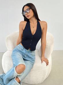 SHEIN PETITE Áo thun nữ hở lưng không tay màu trơn mùa hè - Màu xanh hải quân - Xem 2