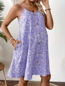 SHEIN 波西米亚孕妇度假碎花纽扣设计吊带背心连衣裙 - 淡紫色 - 查看 5