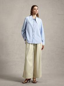 女士条纹印花前开襟长袖衬衫，夏季商务休闲女装 - 藍色 - 查看 7