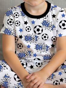 Young Boy Casual Minimalist Snug Fit Crew Neck Short Sleeve Top And Long Pants Pajama Set, Suitable For All Seasons - White - View 4