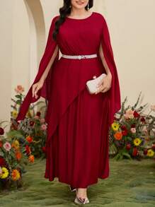 Modelyn Gaun Elegan Wanita Ukuran Besar Gaya Arab Warna Polos Leher Bulat Belahan Lengan Panjang - Burgundy - View 5