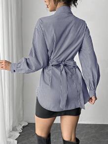 Selianne 法国初秋新款条纹交叉系带宽松时尚女士长袖衬衫 - 藏蓝色 - 查看 2