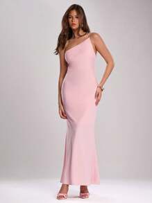 SHEIN BAE Spring Women Romantic Party Dress With Pearl Chain Trim, Asymmetric Neck Backless Fitted Fishtail Satin Dress - Pink - View 4