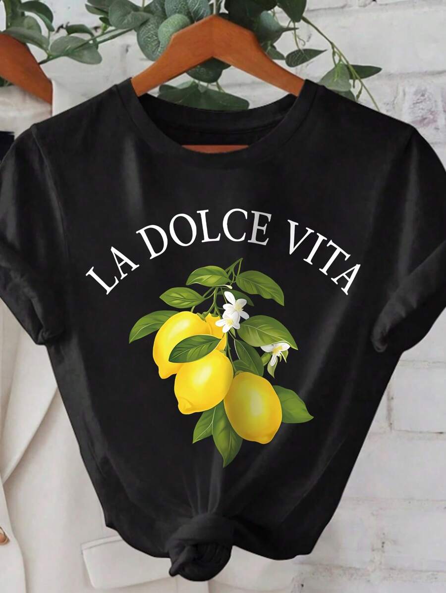 Women's Casual Lemon Printed Short Sleeve T-Shirt, Summer - Black - View 1
