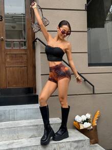 SHEIN EZwear 女士夏季时尚扎染褶皱修身短裤 - 橘色 - 查看 7