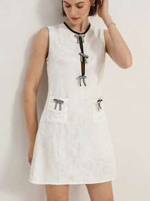 Aveloria Rosie Elegant Doll Dress A-Line Contrast Color Tied Straps, Exquisite Craftsmanship Beaded, Diamond-Studded, Bow Detail, Textured Jacquard Fabric Women Short Dress   Old Money Style For Summer