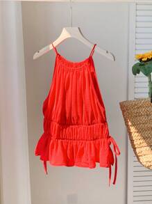 Comfortcana Plus Size Women's Summer Solid Red Backless Camisole With Side Tie, Suitable For Street & Holiday Wear Red Ruched Top Tie Detail Top Red Camisole Red Vacation Top Red Casual TopValentine's Day Red Tank Top - Red - View 6