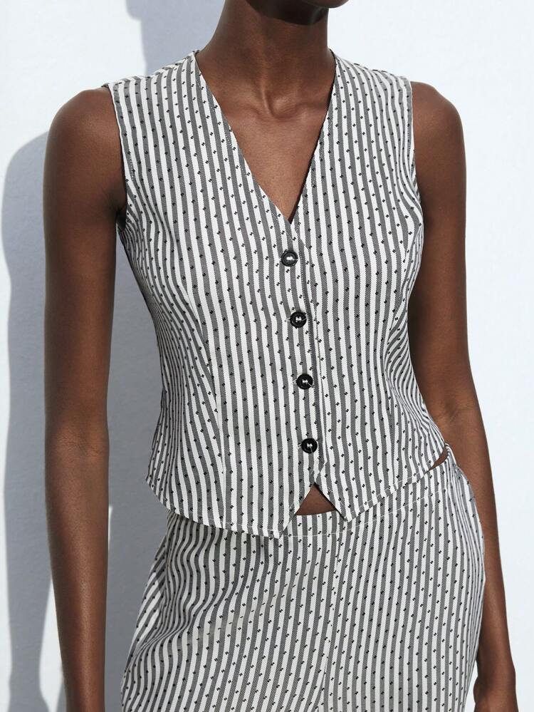 SHEIN Maija Modern 2025 Spring Summer Casual Fashion Elegant Women Black Striped Textured Woven Blouse, Suitable For Music Festival, Beach Holiday, Daily Casual, Romantic Urban Resort, Suitable For Outing, Party, Wedding Guest, Vintage Style, Graduation Season Business Casual Woman