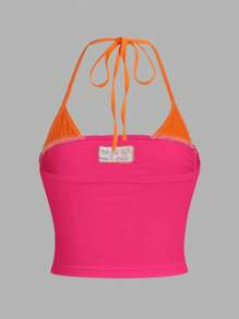 SHEIN ICON Y2k Summer Casual Color-Block Crop Top With Bikercore Letter Embroidery Contrast Binding Halter, Slim Fit,Rave Top - Hot Pink - View 2